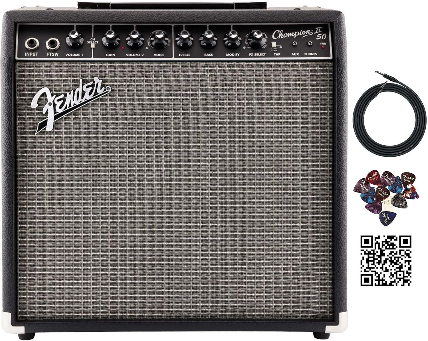 Fender Champion II 50-watt guitar combo amplifier bundle with instrument cable, picks, and austin bazaar instructional video