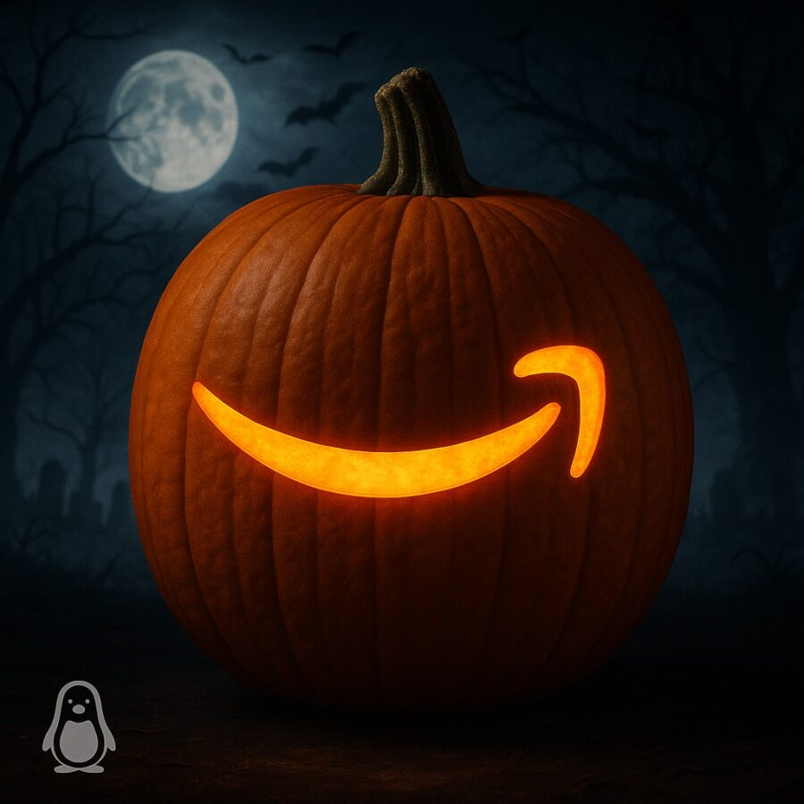 Amazon logo in the pumpkin wiht a spooky background.