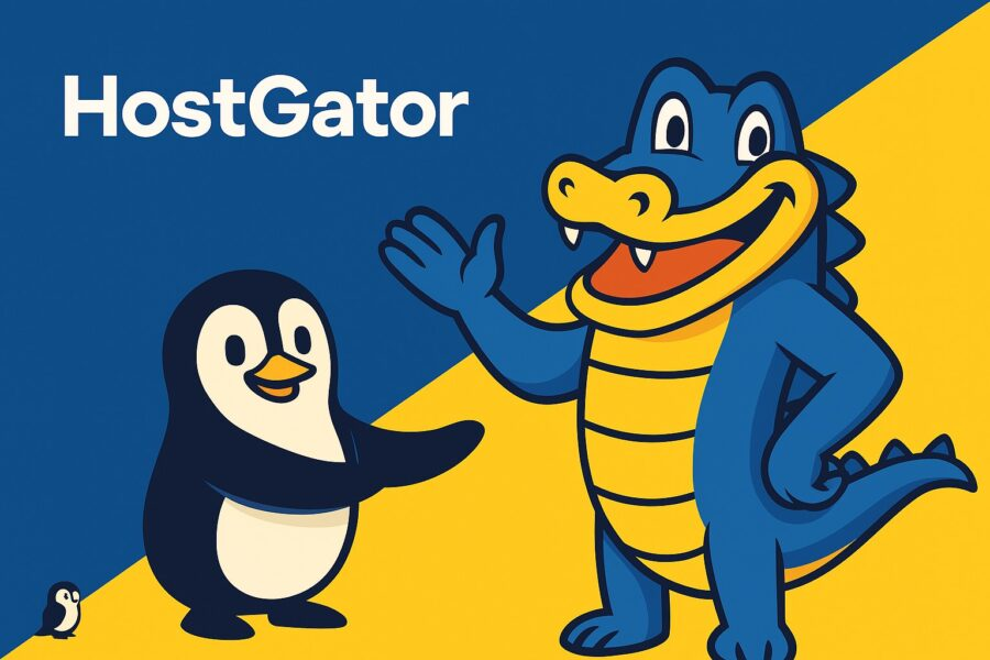 HostGator affiliate link. Shows Alt+Penguin's mascot Penguin and HostGator's mascot Gator on a blue and yellow background that is split diagonally (blue on top-left, yellow on bottom-right).